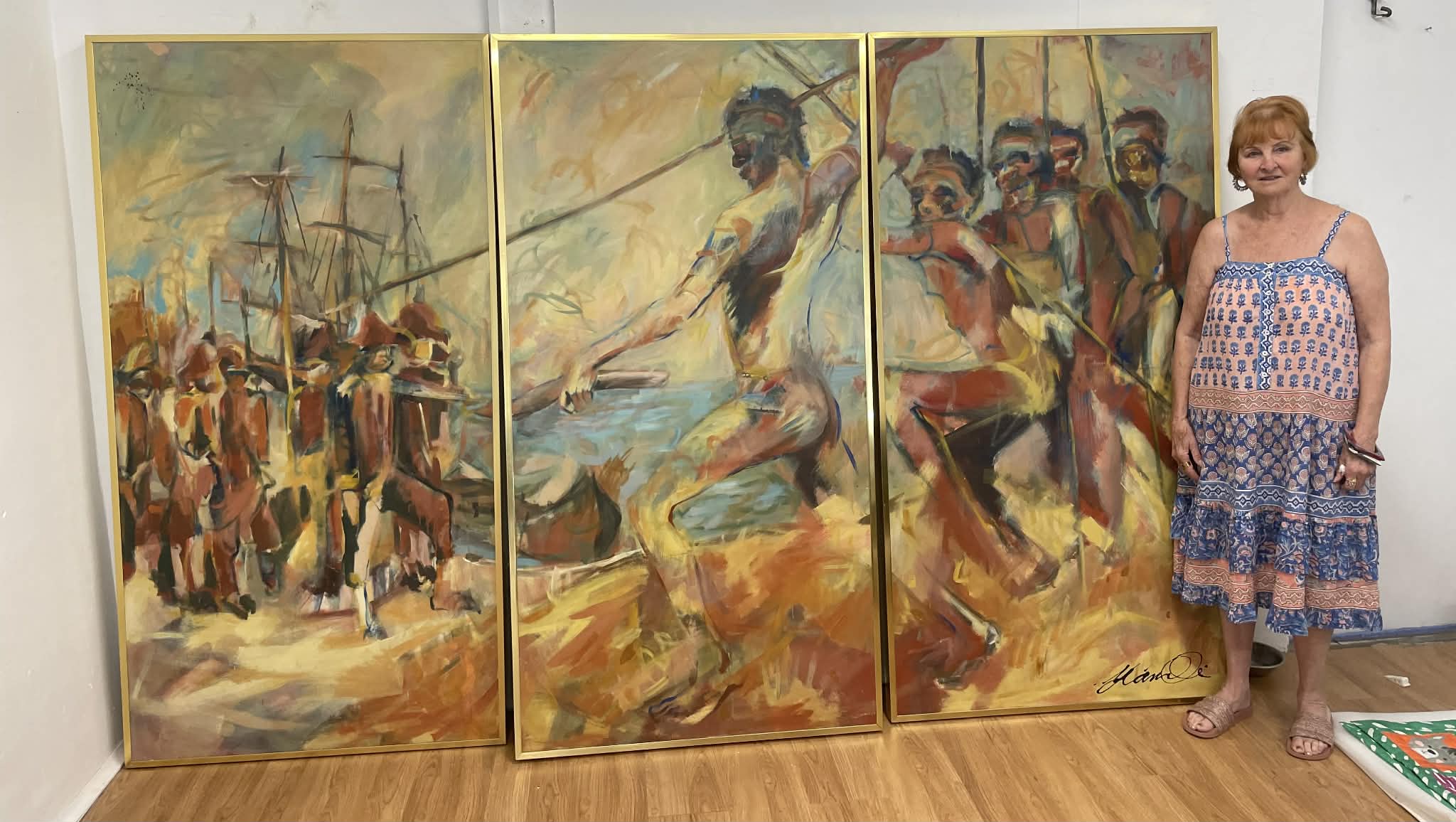 Yvonne Porta with her historical triptych